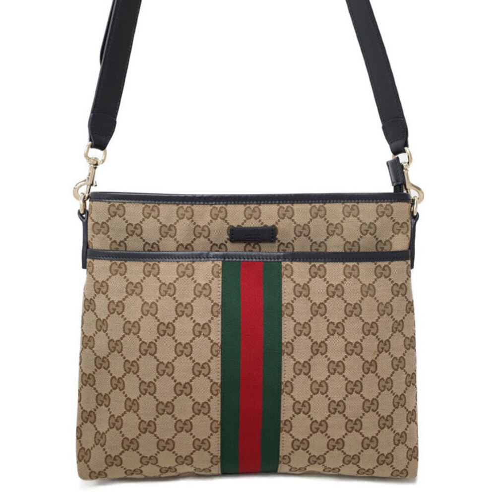Gucci GG Monogram Brown Web Flat Messenger Bag red green web